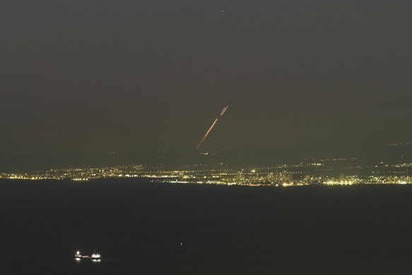 Israeli Iron Dome air defence system fires to intercept rockets that were launched from Lebanon.