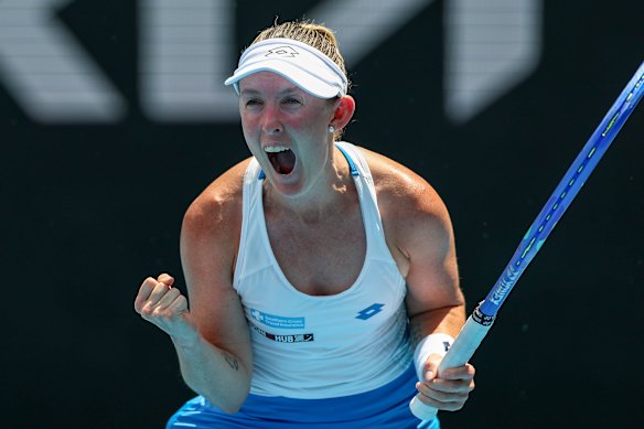 Storm Hunter celebrates victory at Melbourne Park.