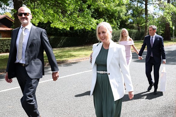 Dave Skinner and Minister for Finance, Minister for the Public Service, Minister for Women and Minister for Government Services Katy Gallagher (at front), and Laura Chalmers and Treasurer Dr Jim Chalmers (at back) arrive at The Lodge for the wedding of Prime Minister Anthony Albanese and Jodie Haydon. 