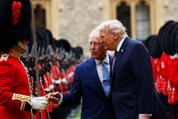 King Charles III and US President Donald Trump inspect a guard of honour at Windsor Castle.