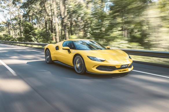 A Ferrari 296 GTB in full flight. A car of the same make and model owned by a Filippini family member has been frozen by the Federal Court. 