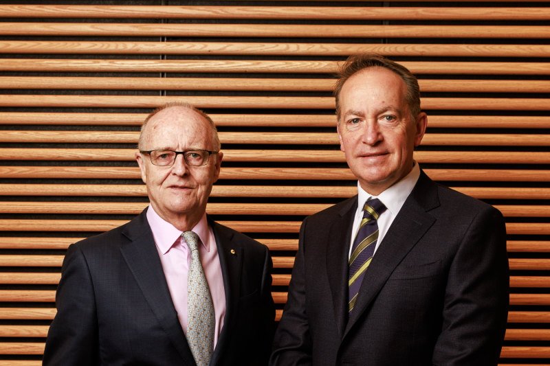 Outgoing Lendlease chairman Michael Ullmer with his successor, John Gillam.