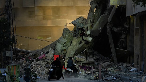 Destruction from an Israeli airstrike in southern Beirut. Photojournalist Kate Geraghty and Europe correspondent David Crowe were in Beirut in March.