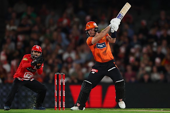 Finn Allen of the Scorchers bats during Thursday’s clash with the Melbourne Renegades.