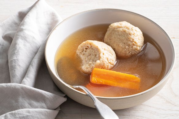 Chicken soup and matzo balls.