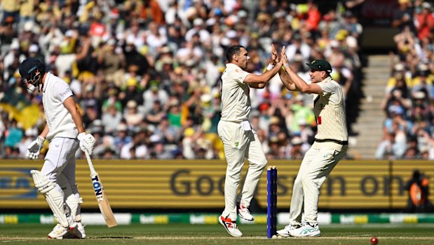 Scott Boland celebrates the wicket of England’s Will Jacks.