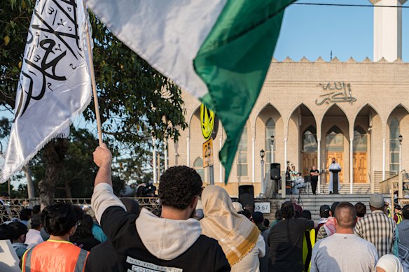 A Hizb ut-Tahrir rally at Lakemba mosque in October 2024. The fundamentalist group is banned in a string of countries, including the UK, Germany and Indonesia.