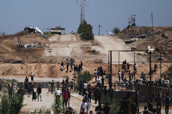 Israeli tanks take up position near the GHF aid hub in Khan Younis, southern Gaza.