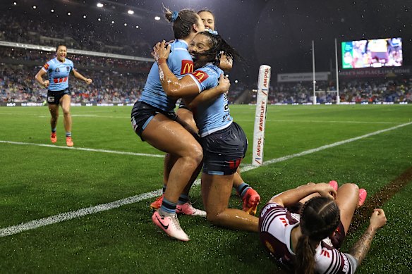 Tiana Penitani crosses for the Blues in Newcastle in 2024.