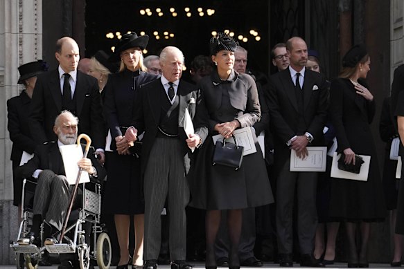King Charles III, with Sophie Winkleman, leaves after the Requiem Mass service for the Duchess of Kent, at Westminster Cathedral.