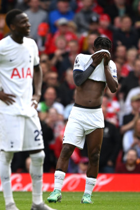 A distraught Yves Bissouma aft  Spurs concede a 4th  extremity   astatine  Anfield.