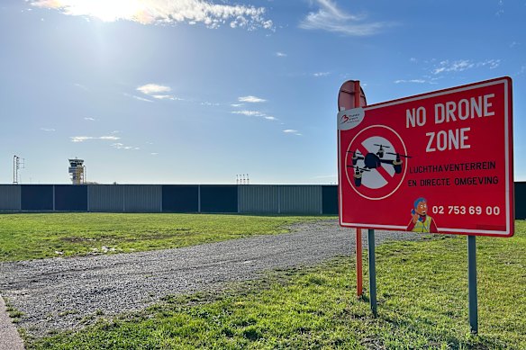 A “no drone” sign outside the perimeter of Brussels Airport after more drone activity this week.