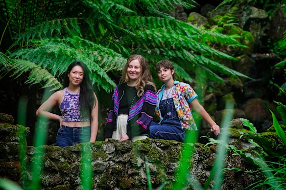 Director Sophie Somerville (centre)  with actors Melissa Gan (left) and Emmanuelle Mattana at Fern Gully Health and Wellbeing Garden, which features in Fwends.