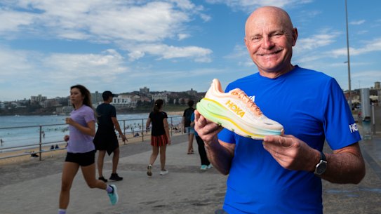 The co-founder of Hoka sneakers Nicolas Mermoud at North Bondi Beach for the launch of the Bondi 9 sneaker.