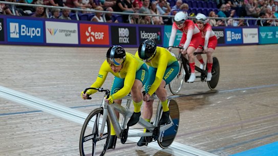 Australia and England compete in the women’s Tandem B sprint semifinals in track cycling.