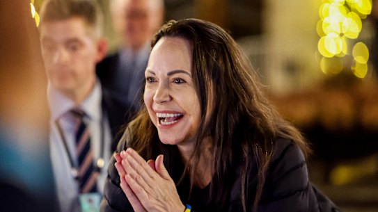 Nobel Peace Prize laureate Maria Corina Machado reacts to the crowd gathered in front of the Grand Hotel, in Oslo, Norway.
