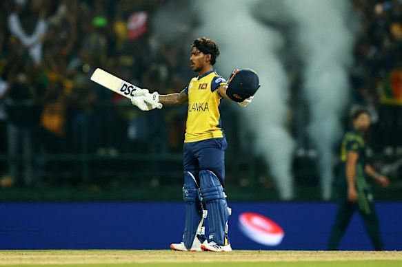 Pathum Nissanka of Sri Lanka celebrates reaching his century.