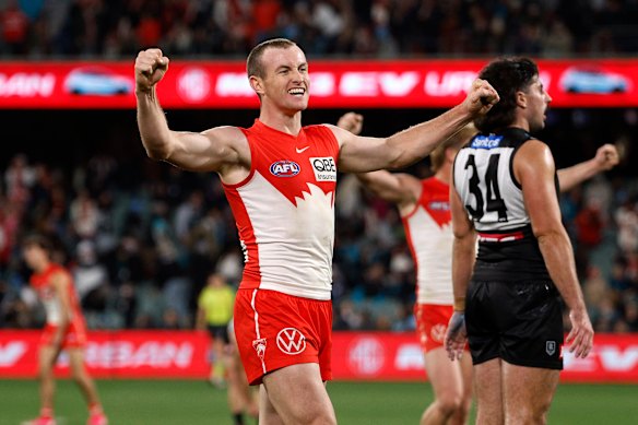 Chad Warner of the Swans celebrates their win.
