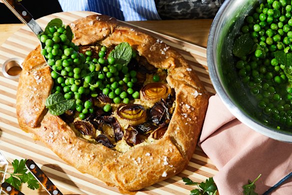 Springtime pea galette with herby goat’s cheese.