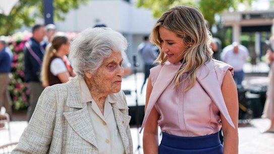 Michelle Payne with Lady Marigold Southey AC who funded her statue at Flemington Racecourse.