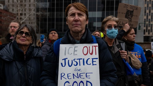 People rally in New York to demand an end to immigration deployments after the fatal shooting of Renee Good.