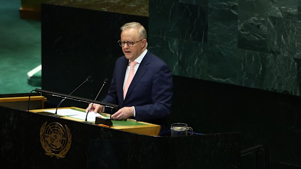 Prime Minister Anthony Albanese speaks at the Two-State Solution Conference in the United Nations General Assembly Hall in New York.