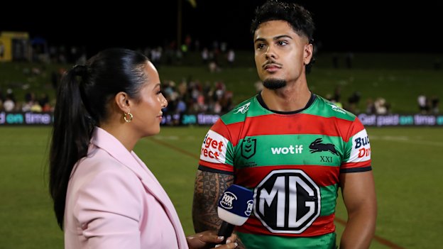 Tiana Penitani Gray interviews her brother Talanoa Penitani in her sideline commentary role for Fox.