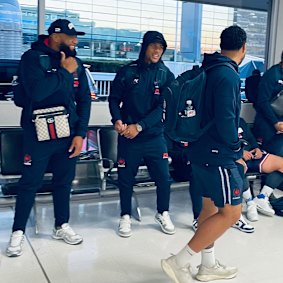 Jarome Luai prepares to fly out of Sydney on Monday with his Samoa teammates.