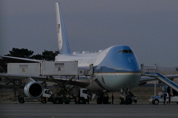 The airport catering trucks on the side of Air Force One as it waited in Ankara.