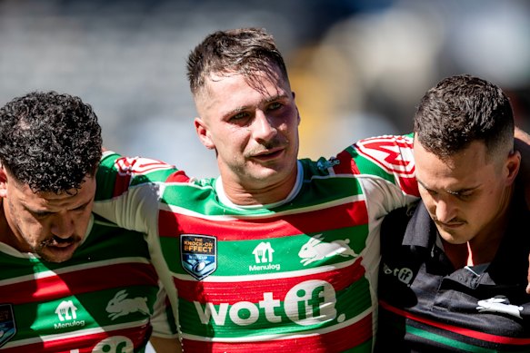 Lachlan Ilias in a world of pain after breaking his leg.