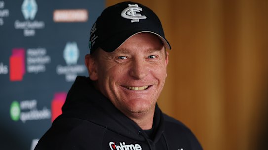 Carlton coach Michael Voss addresses the media.