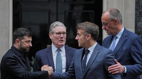 Ukrainian President Volodymyr Zelensky, left, with Britain’s Prime Minister Keir Starmer, French President Emmanuel Macron, and German Chancellor Friedrich Merz on the doorstep of 10 Downing Street in London on Monday.