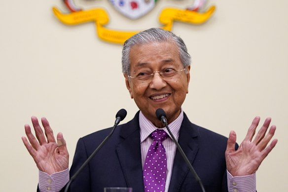 Mahathir Mohamad addresses the media from his office in 2020.