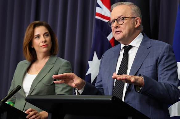 Minister for Communications and Minister for Sport Anika Wells and Prime Minister Anthony Albanese.