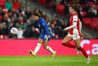 Sam Kerr scores for Chelsea in the FA Cup final against Arsenal at Wembley in December