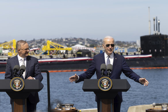 Prime Minister Anthony Albanese with US President Joe Biden in San Diego in March 2023 for the joint AUKUS announcement with his US and UK counterparts.