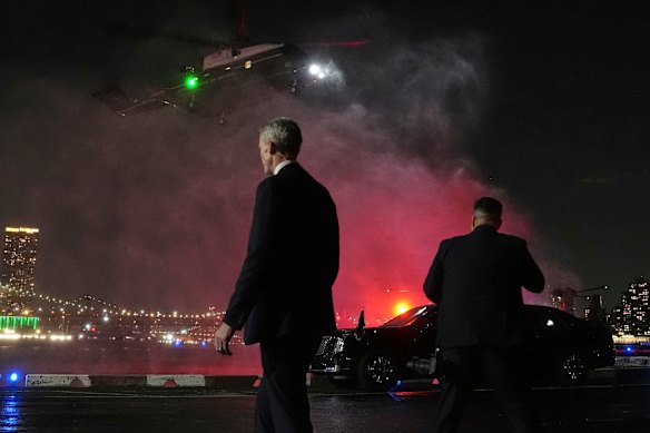 Marine One carrying US President Donald Trump arrives in downtown New York on Monday.