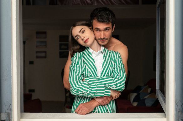 Lily Collins as Emily and Eugenio Franceschini as Marcello in Emily in Paris.