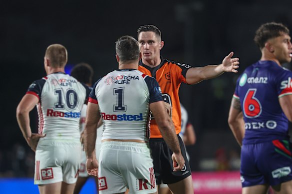 James Tedesco questions a call from referee Wyatt Raymond in the Roosters’ round one clash with the Warriors.