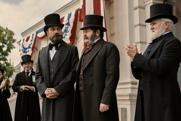 Michael Shannon as James Garfield, Nick Offerman as Chester A. Arthur, Bradley Whitford as James Blaine in  Death by Lightning. 