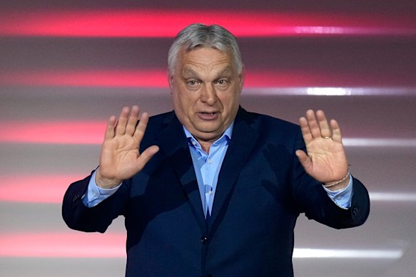 Ousted prime minister Viktor Orbán addresses supporters after receiving the results of the election.
