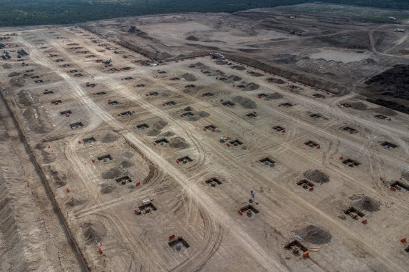 An aerial view of the early construction work on a Volvo car factory in Monterrey.
