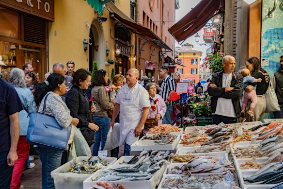 Fish stall in the ancient Quadrilatero market area of central Bologna.