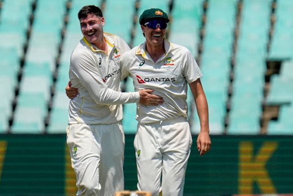 Matt Renshaw and Pat Cummins on day five in Durban.