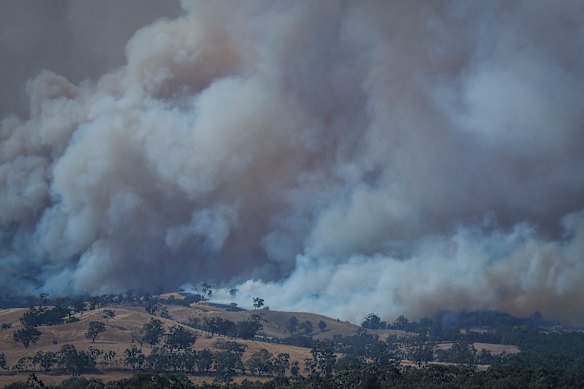 Smoke from the fierce blaze in the Yea area travelled long distances.