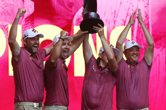 Australia’s Ripper GC team of (left to right) Marc Leishman, Lucas Herbert, Cameron Smith and Matt Jones celebrate their teams win at LIV Golf Adelaide.