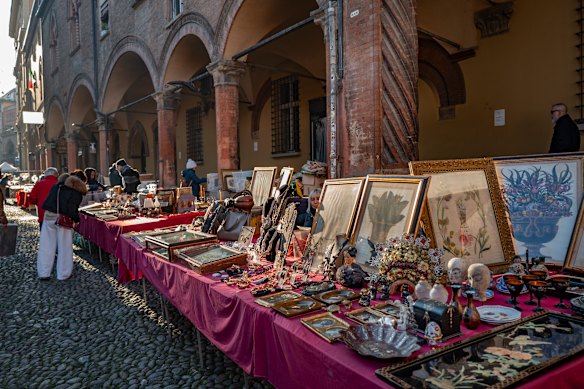 Antique market stalls at the piazza of Santo Stefano.