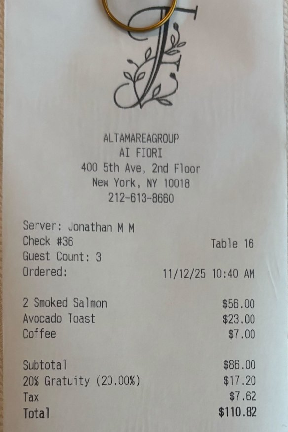 The bill for lunch at Ai Fiori in New York.