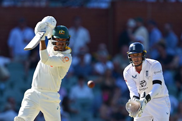 Mitchell Starc of Australia plays a shot late on day one.