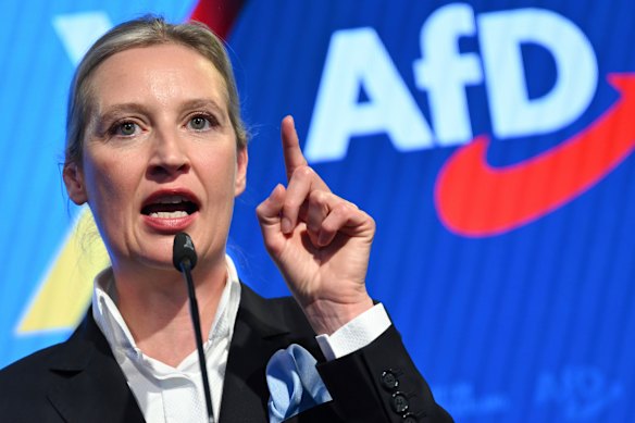 AfD co-leader Alice Weidel speaks during an election event at the party&rsquo;s Berlin headquarters.
